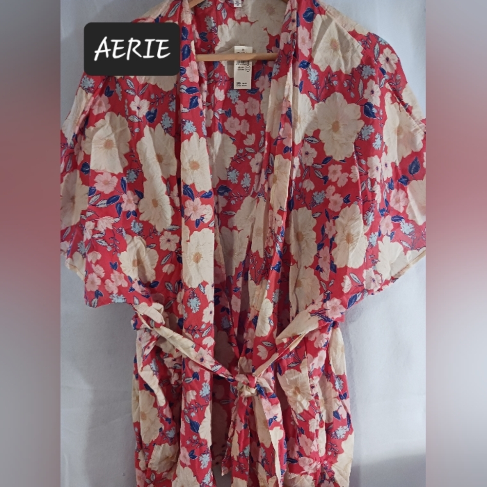 aerie Red Floral Swim Coverup Kimono